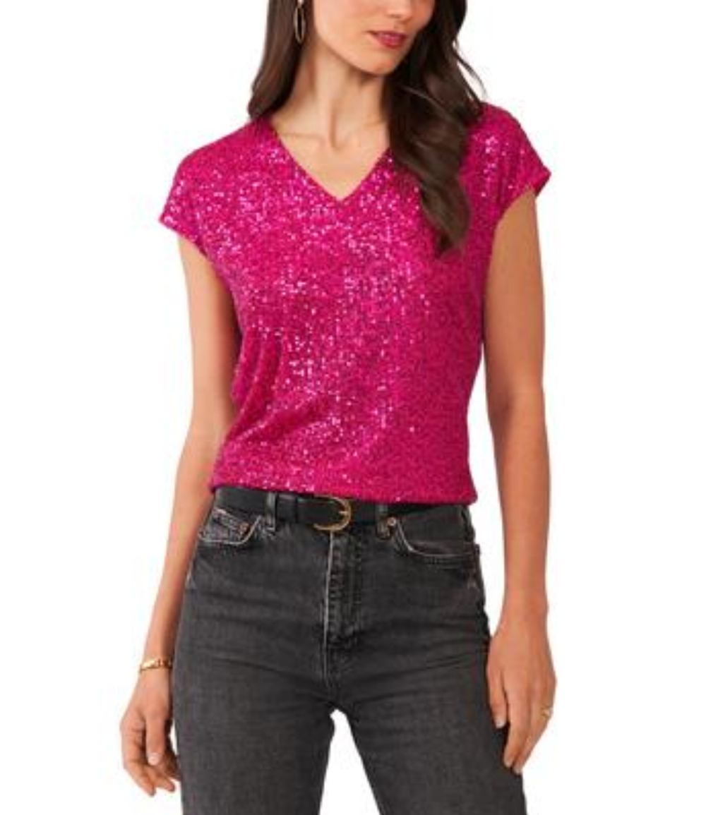 Vince Camuto Women Sequined Dolman Sleeve V-Neck Blouse Fuschia Fury Size L